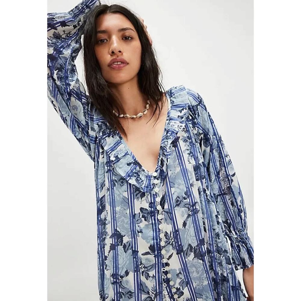 Free People Dainty Ruffle Cottage Garden Wonders Maxi Dress in Blue Combo XL - Picture 4 of 12